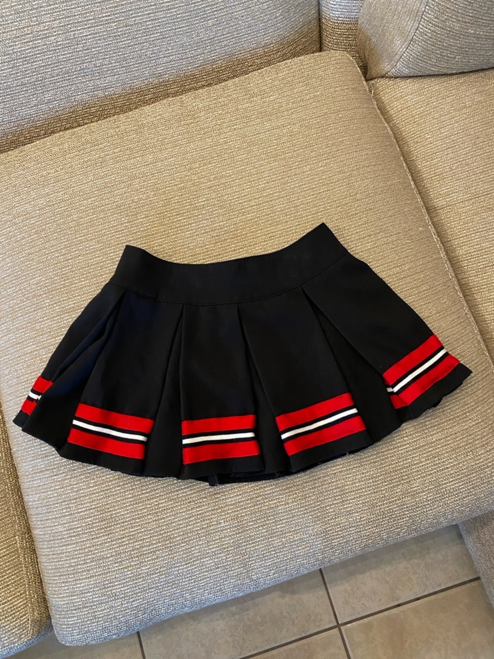 🌼 Current Mood Black Pleated Mini Skirt with Red and White Stripe Trim